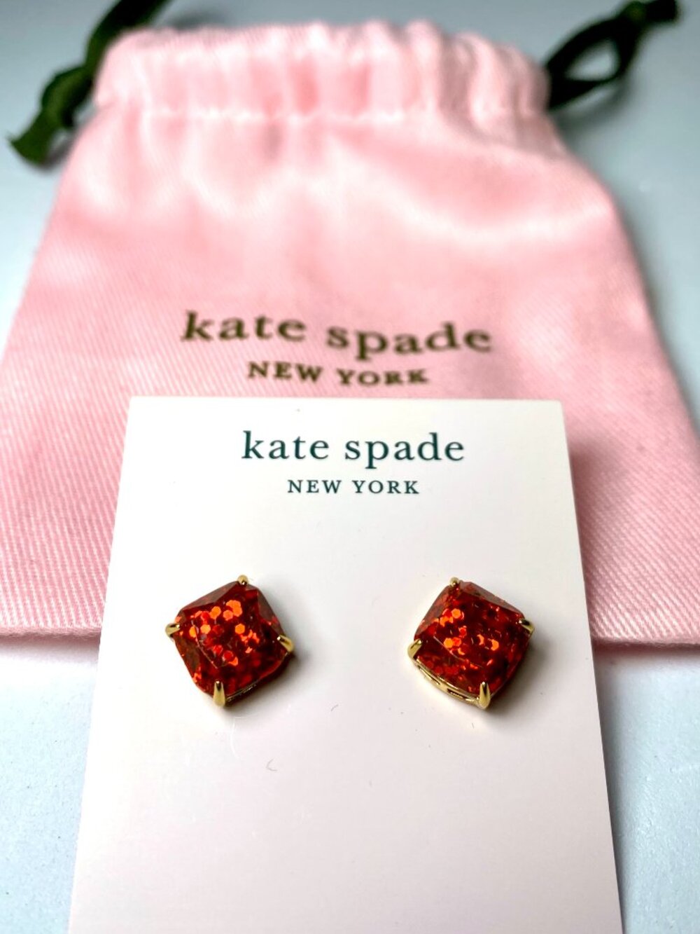 KATE SPADE New York Gold Red Glitter Crystal Square Stud Sparkle Earrings NWOT